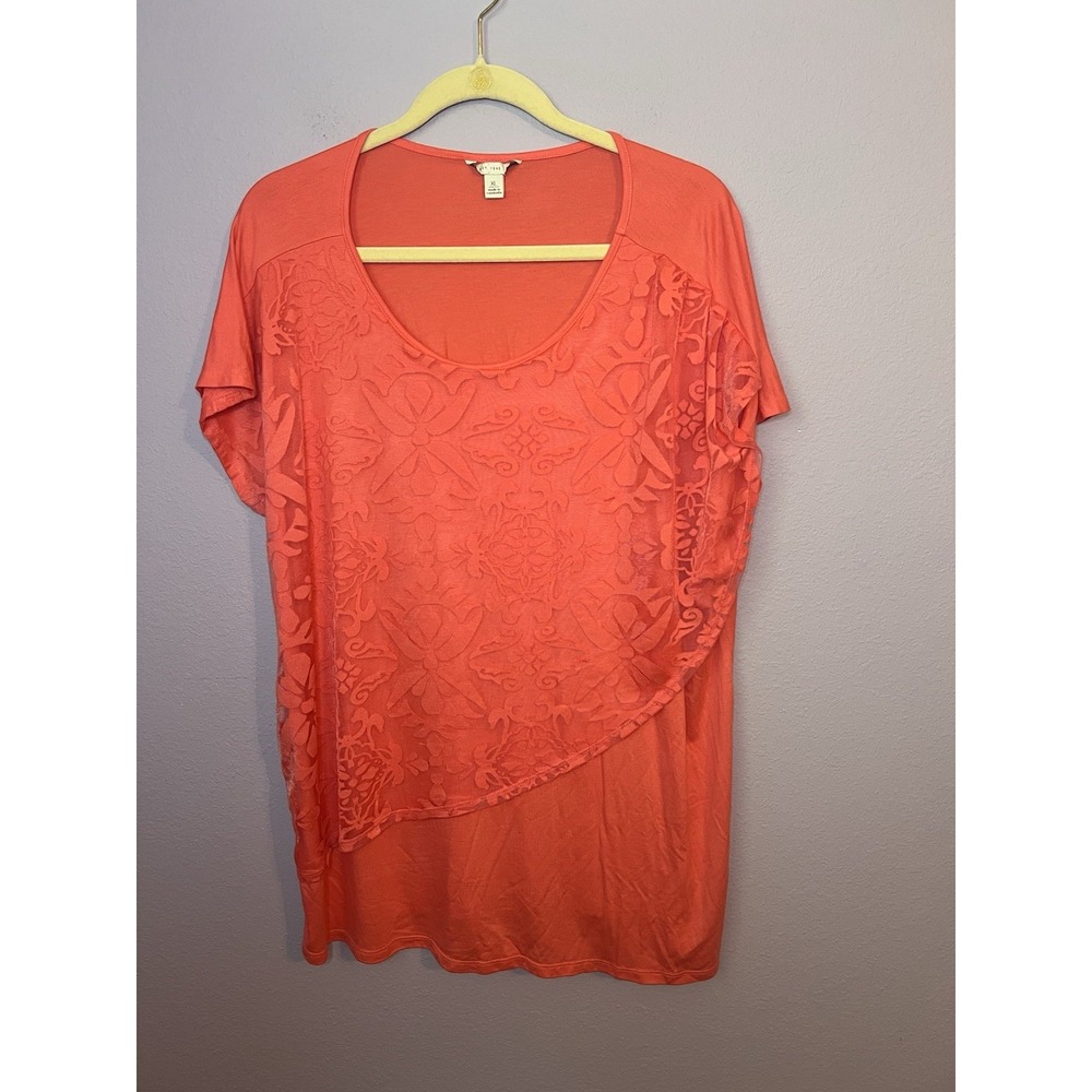 Women's Coral Orange Pink Lace Overlay Blouse Short Sleeve Top Size XL